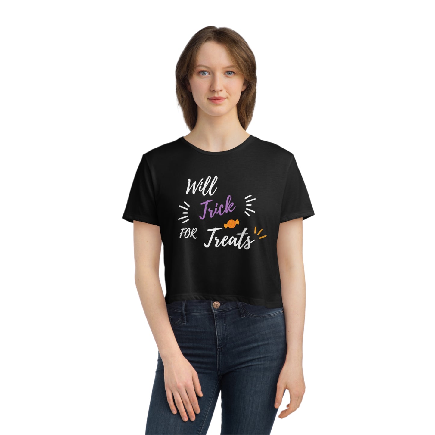 Will trick for treats Women's Flowy Cropped Tee